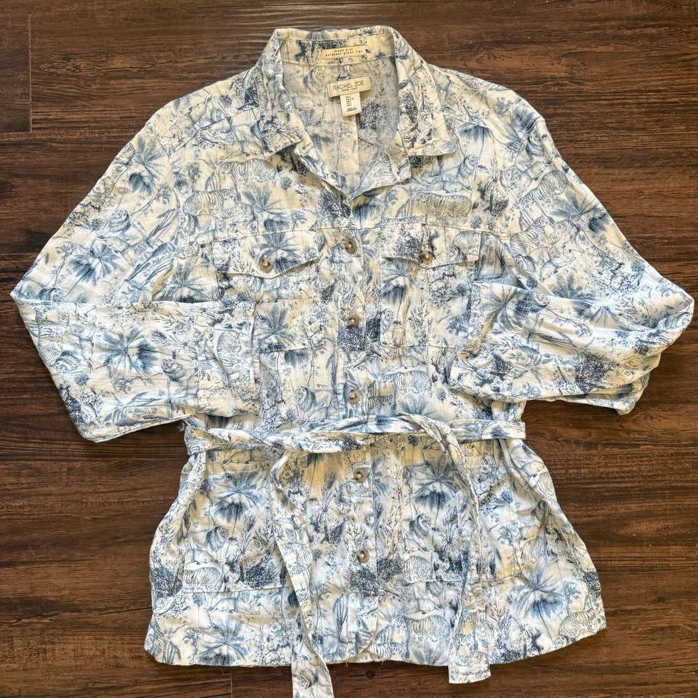 Rachel Zoe Size Large 100% Linen Belted Safari Utility Shirt Blue Toile Print